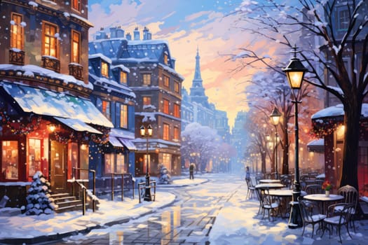 An evocative representation of urban life during winter, focusing on the enchanting vistas of city streets, buildings blanketed in snow, and the warm radiance of streetlights.