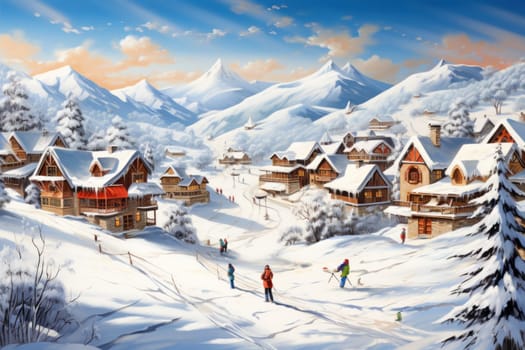 A dynamic portrayal of the winter wonderland at ski resorts, capturing the exhilaration and scenic beauty.