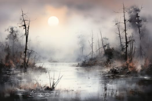 A captivating visual representation of the winter ambiance, focusing on the enigmatic allure of fog and mist enveloping the landscape, especially near bodies of water.
