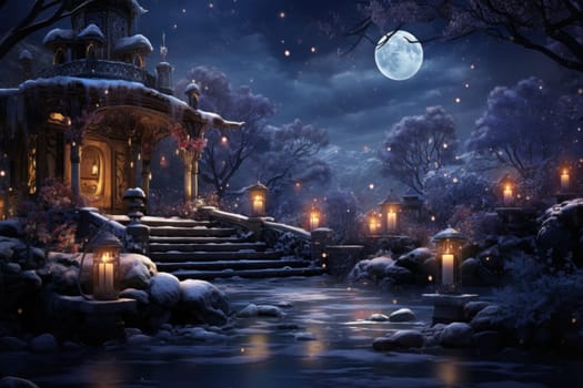 A captivating portrayal of the winter charm, focusing on the creation of cozy and welcoming visuals using the soft glow of candles or lanterns against the snowy backdrop.
