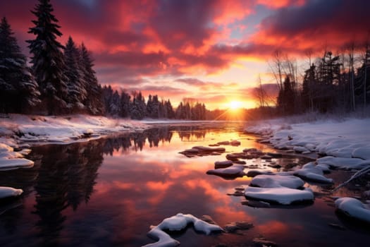 An exquisite visual representation of the winter skies, highlighting the unique color schemes and breathtaking beauty brought by the low-angled sun during winter sunrises and sunsets.