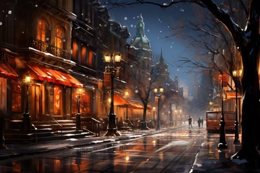 An evocative representation of urban life during winter, focusing on the enchanting vistas of city streets, buildings blanketed in snow, and the warm radiance of streetlights.