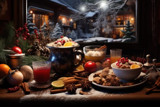 A mouthwatering portrayal of winter's culinary delights, showcasing the artful photography of winter-inspired dishes and beverages like hot soup, roasted chestnuts, and mulled wine.