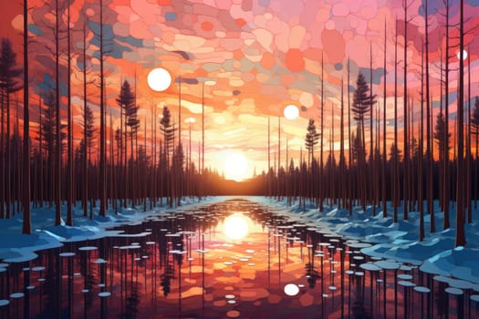 An exquisite visual representation of the winter skies, highlighting the unique color schemes and breathtaking beauty brought by the low-angled sun during winter sunrises and sunsets.