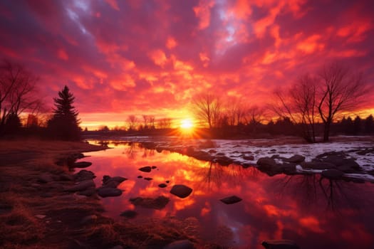 An exquisite visual representation of the winter skies, highlighting the unique color schemes and breathtaking beauty brought by the low-angled sun during winter sunrises and sunsets.