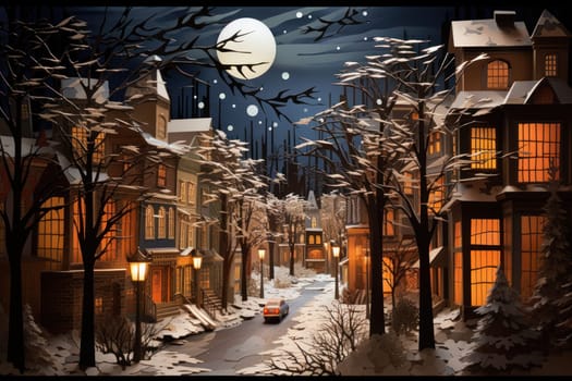 An evocative representation of urban life during winter, focusing on the enchanting vistas of city streets, buildings blanketed in snow, and the warm radiance of streetlights.