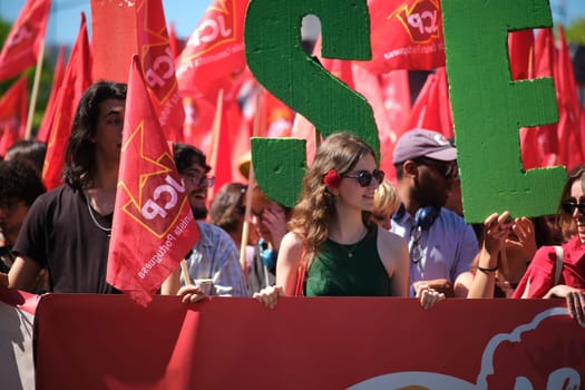 Lisbon, Portugal - April 25, 2023: Anniversary celebration of The Carnation Revolution aka the 25 April Revolution (25 de Abril) by demonstration march