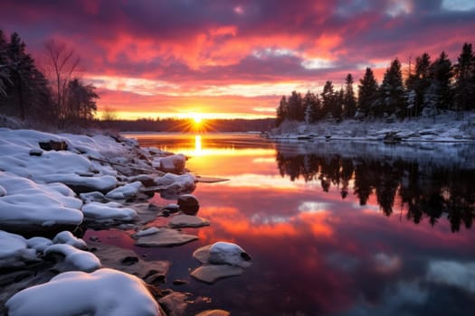 An exquisite visual representation of the winter skies, highlighting the unique color schemes and breathtaking beauty brought by the low-angled sun during winter sunrises and sunsets.