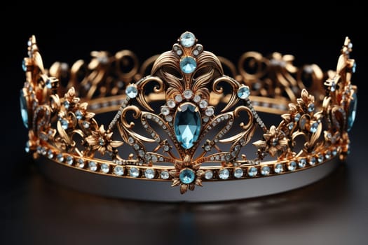 Elegant golden crown with blue precious stones on a dark background.