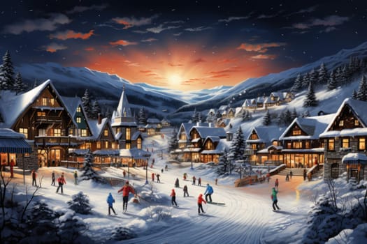 A dynamic portrayal of the winter wonderland at ski resorts, capturing the exhilaration and scenic beauty.