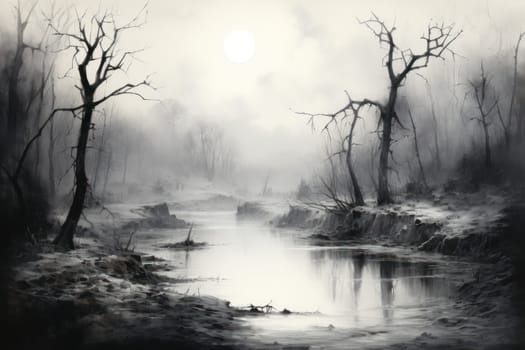 A captivating visual representation of the winter ambiance, focusing on the enigmatic allure of fog and mist enveloping the landscape, especially near bodies of water.