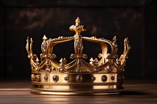 Golden crown with precious stones on a wooden tabletop on a dark background.