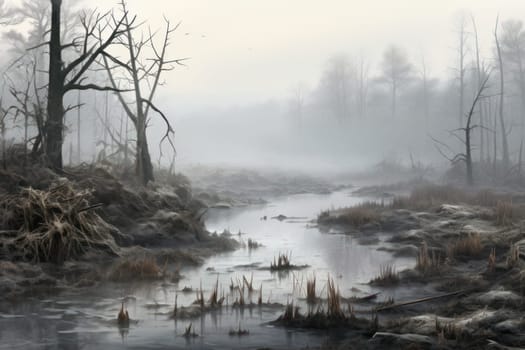 A captivating visual representation of the winter ambiance, focusing on the enigmatic allure of fog and mist enveloping the landscape, especially near bodies of water.