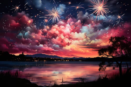 An electrifying display of winter's nocturnal splendor, featuring the dazzling spectacle of New Year's Eve fireworks and other seasonal celebrations.