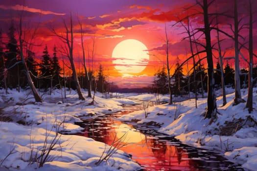 An exquisite visual representation of the winter skies, highlighting the unique color schemes and breathtaking beauty brought by the low-angled sun during winter sunrises and sunsets.
