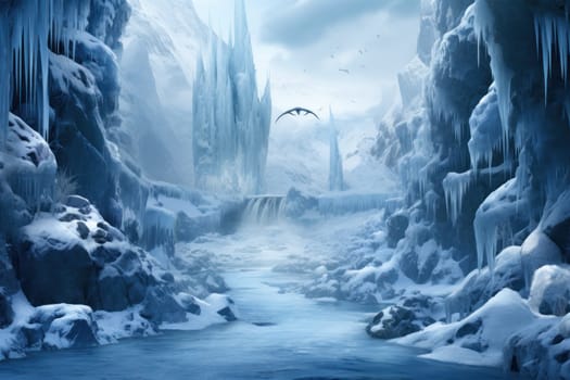 A mesmerizing display of the winter landscape, focusing on the distinctive and captivating frozen waterfalls found in chilly regions.