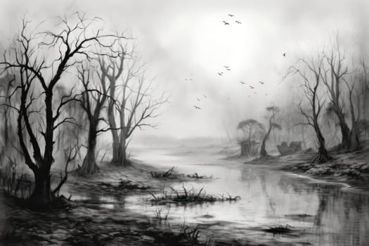 A captivating visual representation of the winter ambiance, focusing on the enigmatic allure of fog and mist enveloping the landscape, especially near bodies of water.