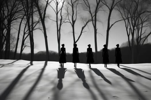 A striking visual display of the winter season, utilizing the extended shadows and sharp differences in lighting to craft captivating silhouettes against the snowy backdrop.