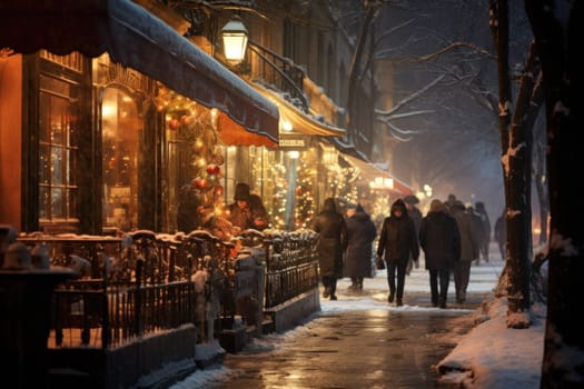 An evocative representation of urban life during winter, focusing on the enchanting vistas of city streets, buildings blanketed in snow, and the warm radiance of streetlights.