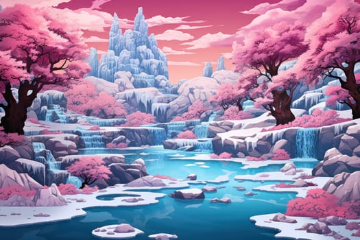 A mesmerizing display of the winter landscape, focusing on the distinctive and captivating frozen waterfalls found in chilly regions.