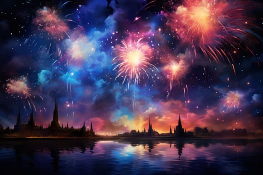 An electrifying display of winter's nocturnal splendor, featuring the dazzling spectacle of New Year's Eve fireworks and other seasonal celebrations.