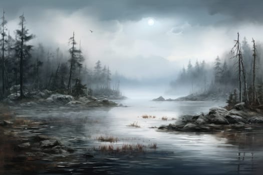 A captivating visual representation of the winter ambiance, focusing on the enigmatic allure of fog and mist enveloping the landscape, especially near bodies of water.
