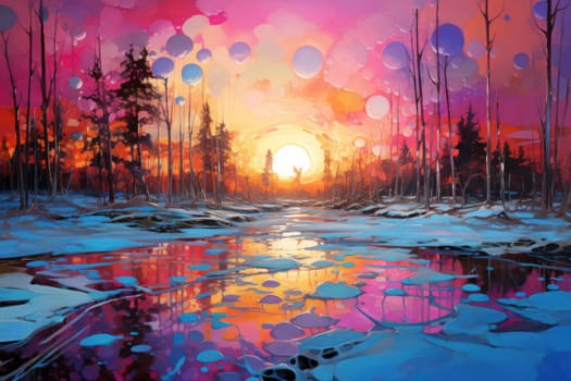 An exquisite visual representation of the winter skies, highlighting the unique color schemes and breathtaking beauty brought by the low-angled sun during winter sunrises and sunsets.