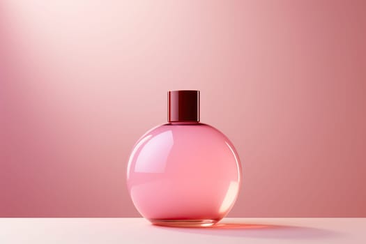 Glass pink bottle of eau de toilette, perfume on a pink background. Perfume.