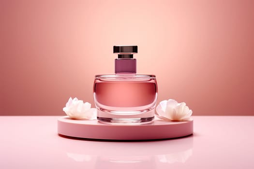 Elegant glass pink bottle of eau de toilette, perfume on a podium with fresh flowers on a pink background. Luxury perfume.