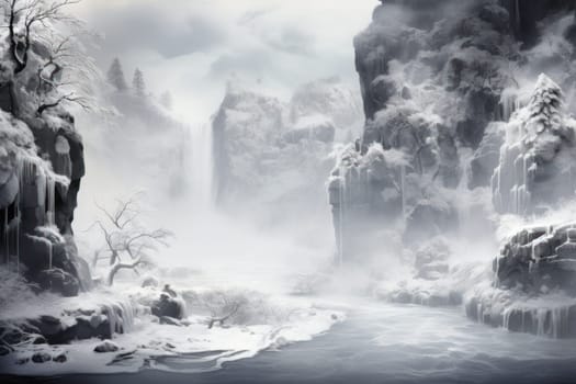 A mesmerizing display of the winter landscape, focusing on the distinctive and captivating frozen waterfalls found in chilly regions.