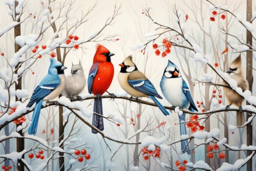 A stunning portrayal of winter's avian beauty, showcasing the artful photography of birds like cardinals, chickadees, and blue jays set against the pristine canvas of snow.