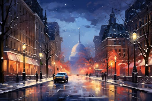 An evocative representation of urban life during winter, focusing on the enchanting vistas of city streets, buildings blanketed in snow, and the warm radiance of streetlights.