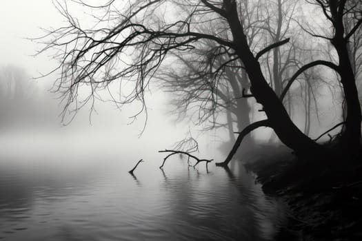 A captivating visual representation of the winter ambiance, focusing on the enigmatic allure of fog and mist enveloping the landscape, especially near bodies of water.