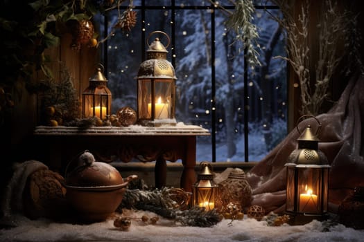 A captivating portrayal of the winter charm, focusing on the creation of cozy and welcoming visuals using the soft glow of candles or lanterns against the snowy backdrop.