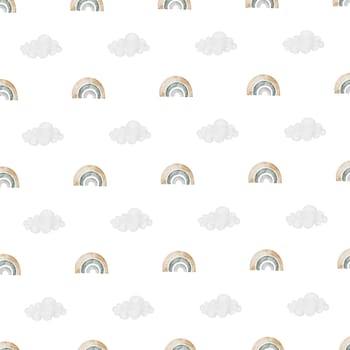 seamless hand-drawn pattern with vintage unicorn clouds rainbow . Elegant pattern for printing on children's linens, pajamas, and packaging for children's clothing. Vintage unicorn in cartoon style on white background. High quality illustration