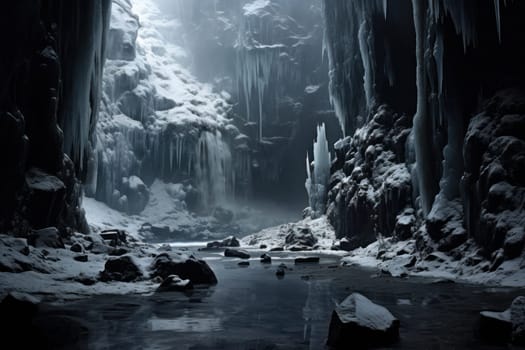 A mesmerizing display of the winter landscape, focusing on the distinctive and captivating frozen waterfalls found in chilly regions.