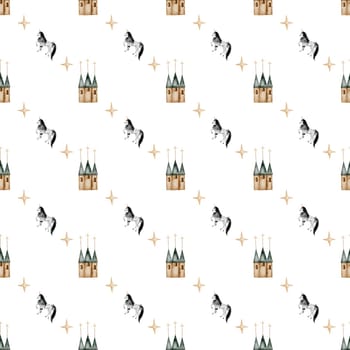 seamless hand-drawn pattern with vintage unicorn stars and castle. Elegant pattern for printing on children's linens, pajamas, and packaging for children's clothing. Vintage unicorn in cartoon style on white background. High quality illustration