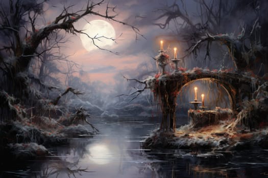A captivating portrayal of the winter charm, focusing on the creation of cozy and welcoming visuals using the soft glow of candles or lanterns against the snowy backdrop.