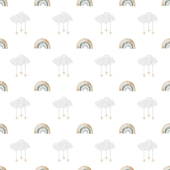 seamless hand-drawn pattern with vintage unicorn clouds rainbow stars. Elegant pattern for printing on children's linens, pajamas, and packaging for children's clothing. Vintage unicorn in cartoon style on white background. High quality illustration