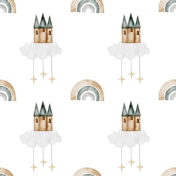 seamless hand-drawn pattern with vintage rainbow ,magic castle. Elegant pattern for printing on children's linens, pajamas, and packaging for children's clothing. Vintage unicorn in cartoon style on white background. High quality illustration