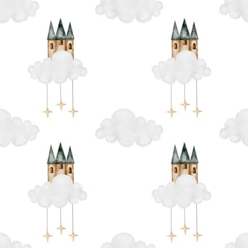 seamless hand-drawn pattern with and clouds magic castle. Elegant pattern for printing on children's linens, pajamas, and packaging for children's clothing. Vintage unicorn in cartoon style on white background. High quality illustration