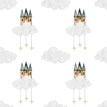 seamless hand-drawn pattern with and clouds magic castle. Elegant pattern for printing on children's linens, pajamas, and packaging for children's clothing. Vintage unicorn in cartoon style on white background. High quality illustration