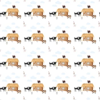seamless pattern on a rustic theme. barn cow goose pig rooster. children's pattern for printing on textiles, bed linen, blankets and diapers. High quality illustration