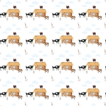 seamless pattern on a rustic theme. barn cow goose pig rooster. children's pattern for printing on textiles, bed linen, blankets and diapers. High quality illustration