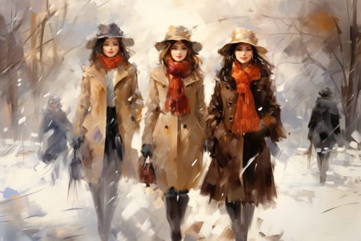 A chic portrayal of the winter season's fashion, highlighting stylish winter attire, including scarves, hats, and coats. This composition captures the elegance and coziness of winter wardrobe.