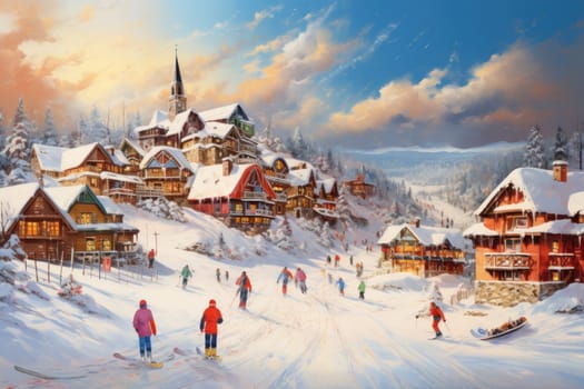 A dynamic portrayal of the winter wonderland at ski resorts, capturing the exhilaration and scenic beauty.