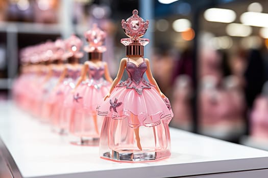 A bottle of perfume in the form of a doll in a fluffy dress on the podium. Cosmetics for little girls.