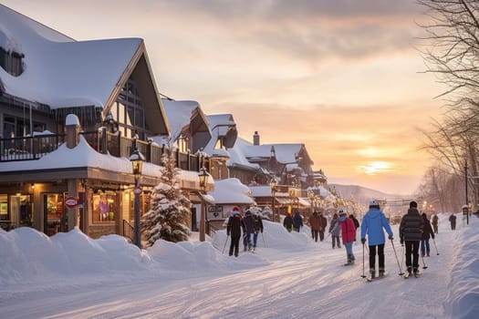 A dynamic portrayal of the winter wonderland at ski resorts, capturing the exhilaration and scenic beauty.