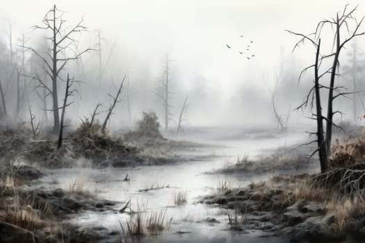 A captivating visual representation of the winter ambiance, focusing on the enigmatic allure of fog and mist enveloping the landscape, especially near bodies of water.