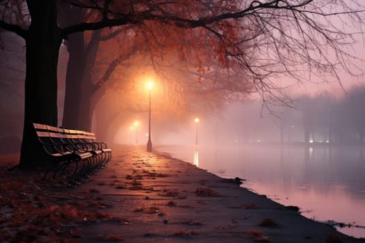 A captivating visual representation of the winter ambiance, focusing on the enigmatic allure of fog and mist enveloping the landscape, especially near bodies of water.